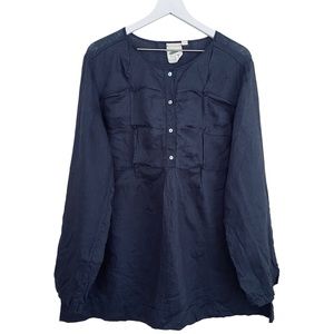 Nurture 100% Linen Dark Navy PinTuck Style Long Sleeve Tunic Blouse Size XL